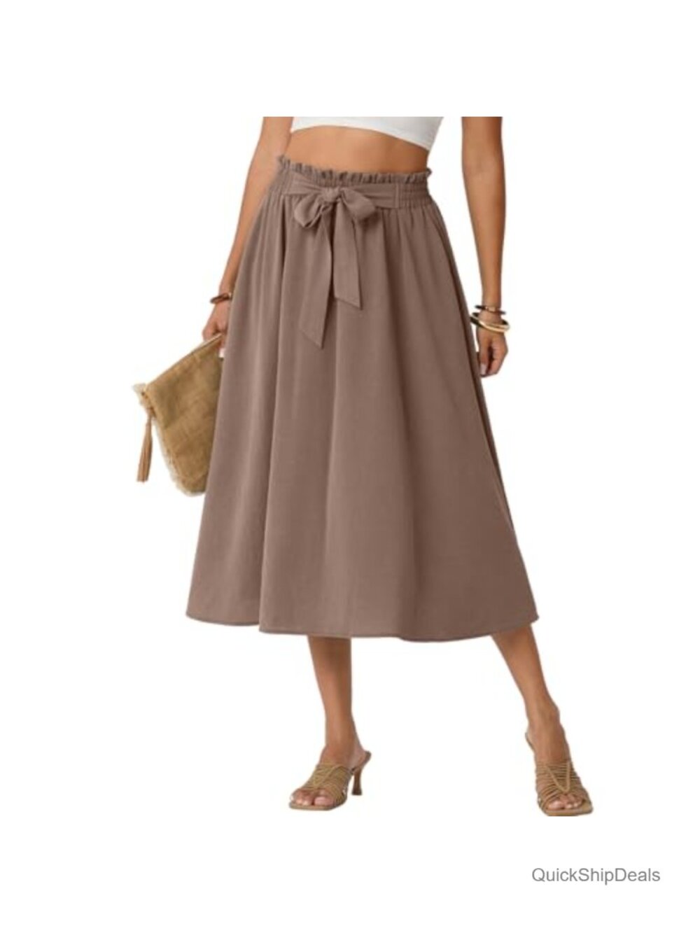 High Waisted Flowy Midi Skirt Women Summer Knee Length A-Line with Pockets